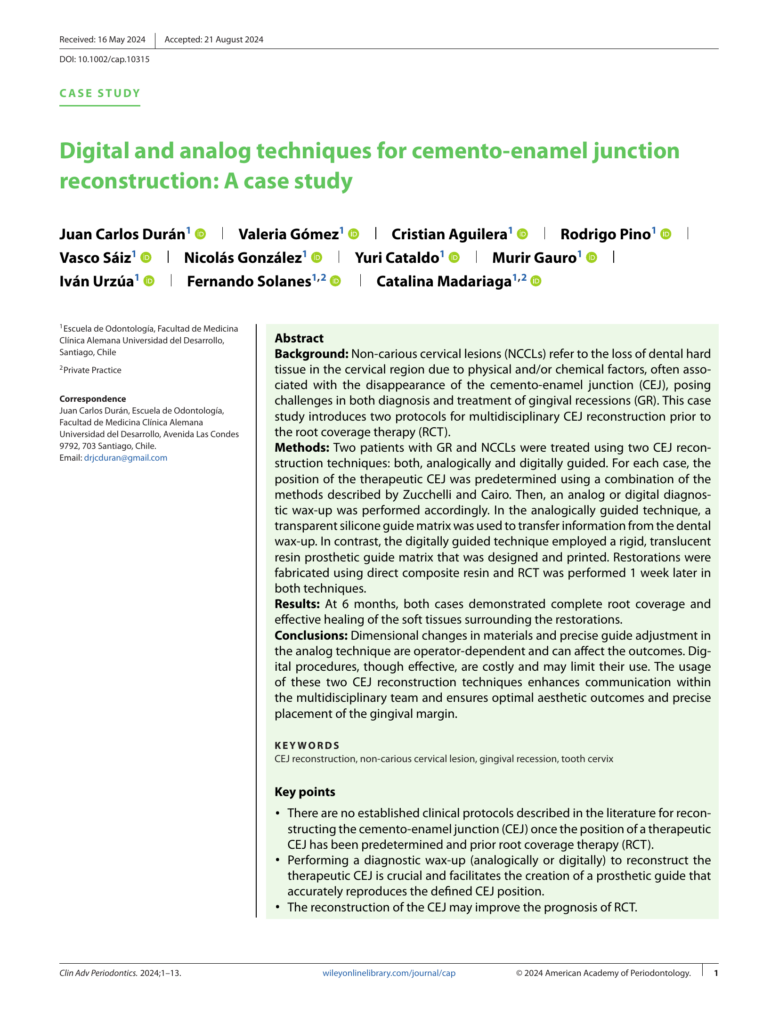 Portada del artículo científico Digital and analog techniques for cemento-enamel junction reconstruction, Clinical Advances in Periodontics, 2024